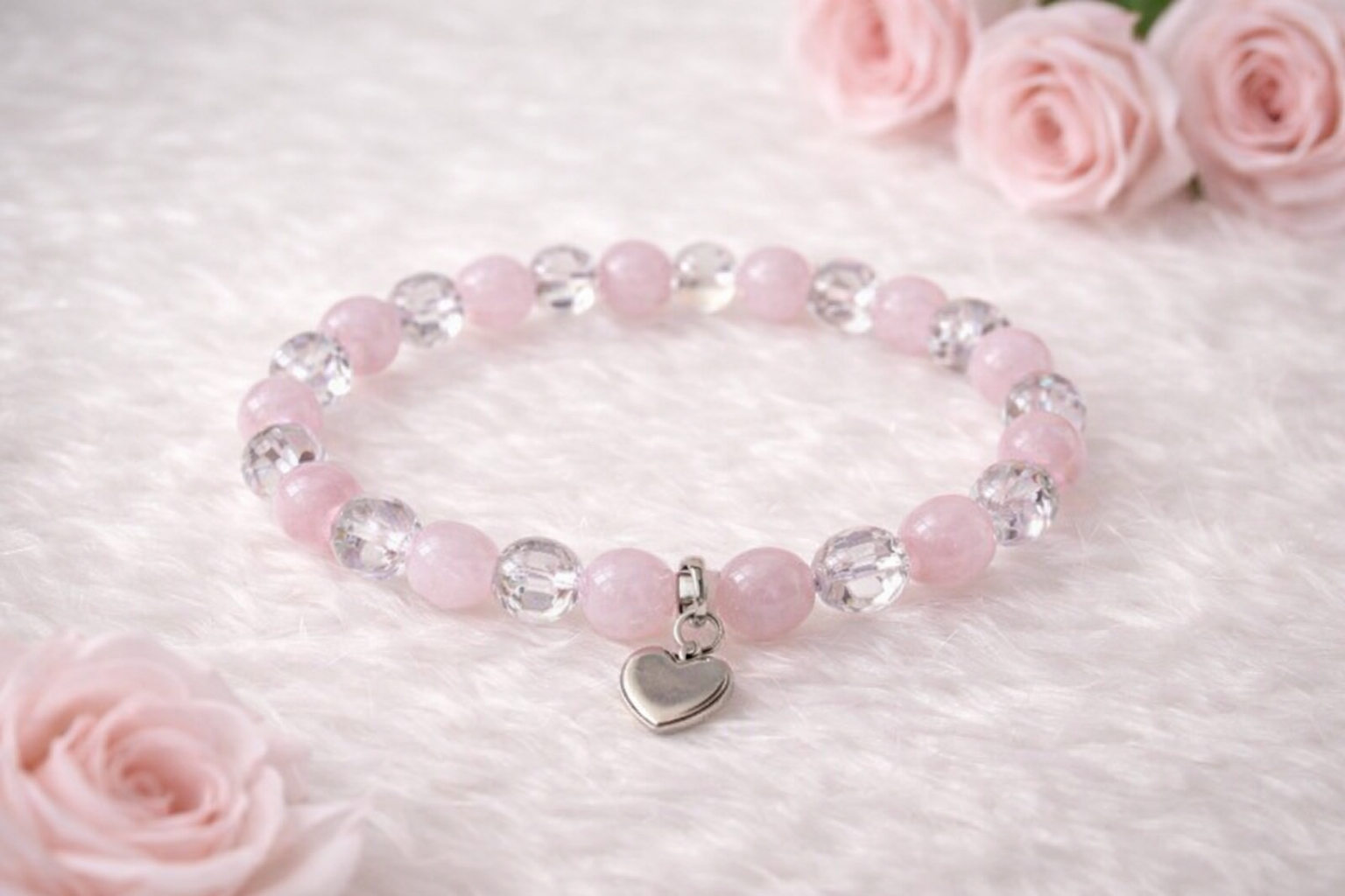 Minerální náramek Světlo srdce z růženínu a křišťálu ručně vyráběný