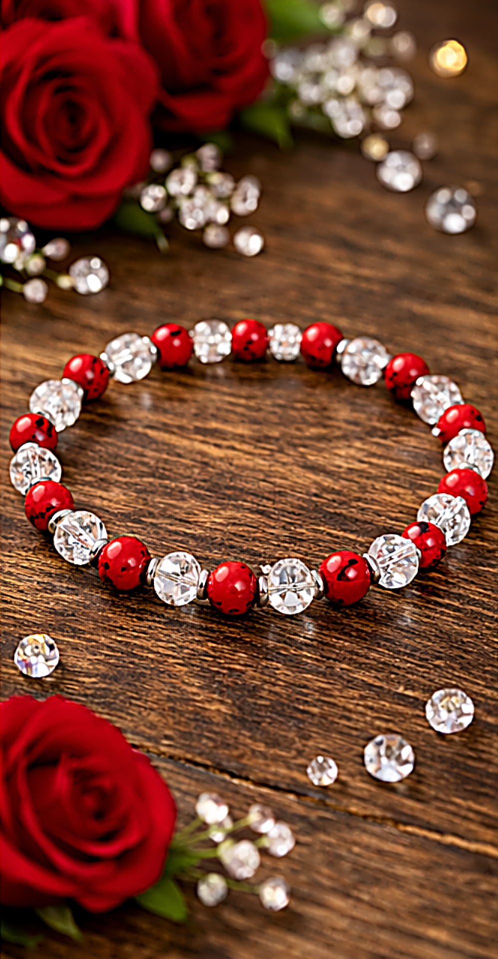 Minerální ochranný náramek z červeného tyrkysu a křišťálu – ručně vyráběný talisman