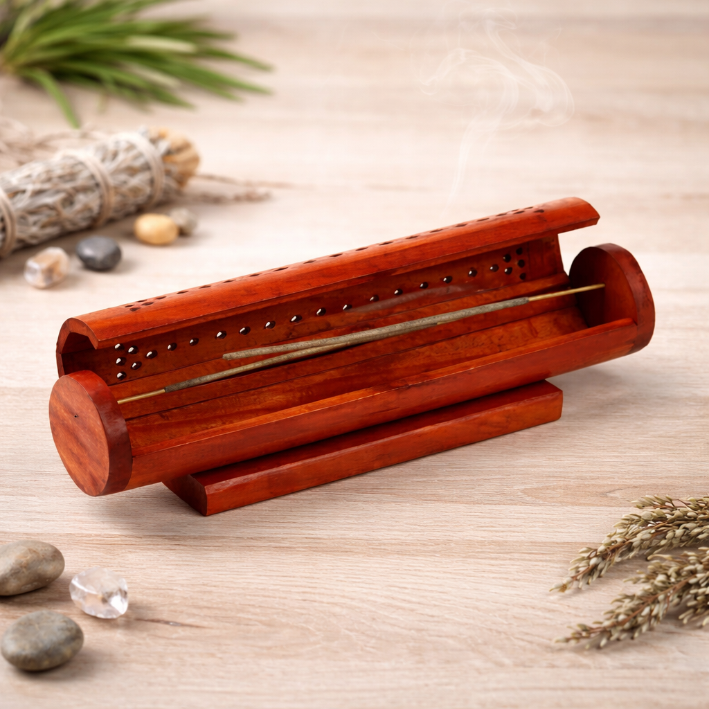 Kulatá krabička ashcatcher na vonné tyčinky a kužely z mangového dřeva