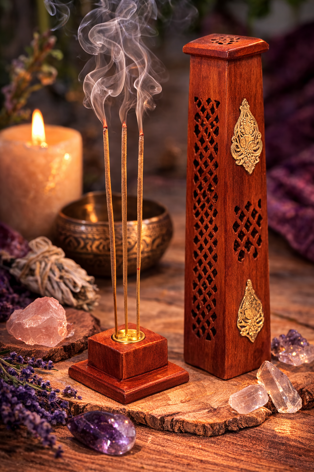 Stojánek na vonné tyčinky a kužely věž čínský buddha z mangového dřeva