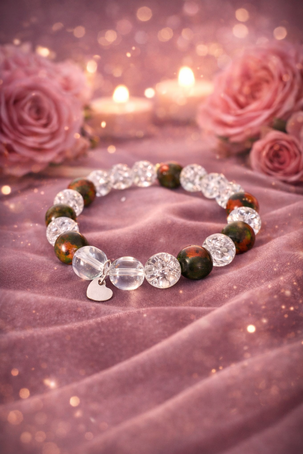 Minerální náramek z unakitu a křišťálu Harmonie srdce ručně vyráběný