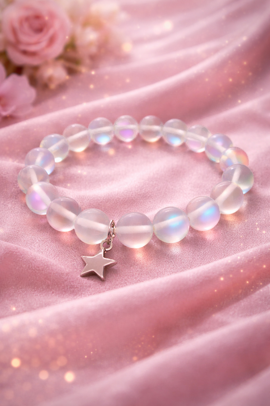 Minerální náramek Měsíční z měsíčního kamene s doplňky z chirurgické oceli