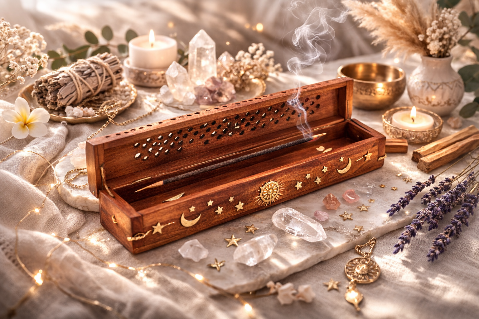 Krabička na vonné tyčinky a kužely slunce měsíc hvězdy z mangového dřeva