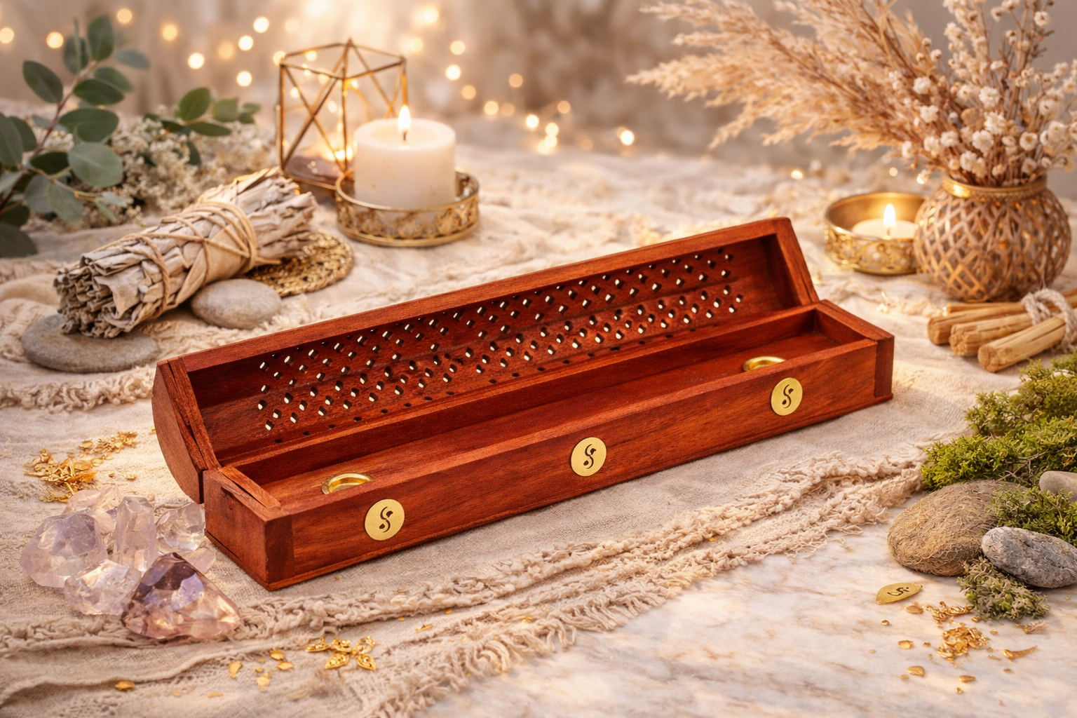 Krabička na vonné tyčinky a kužely yin yang z mangového dřeva